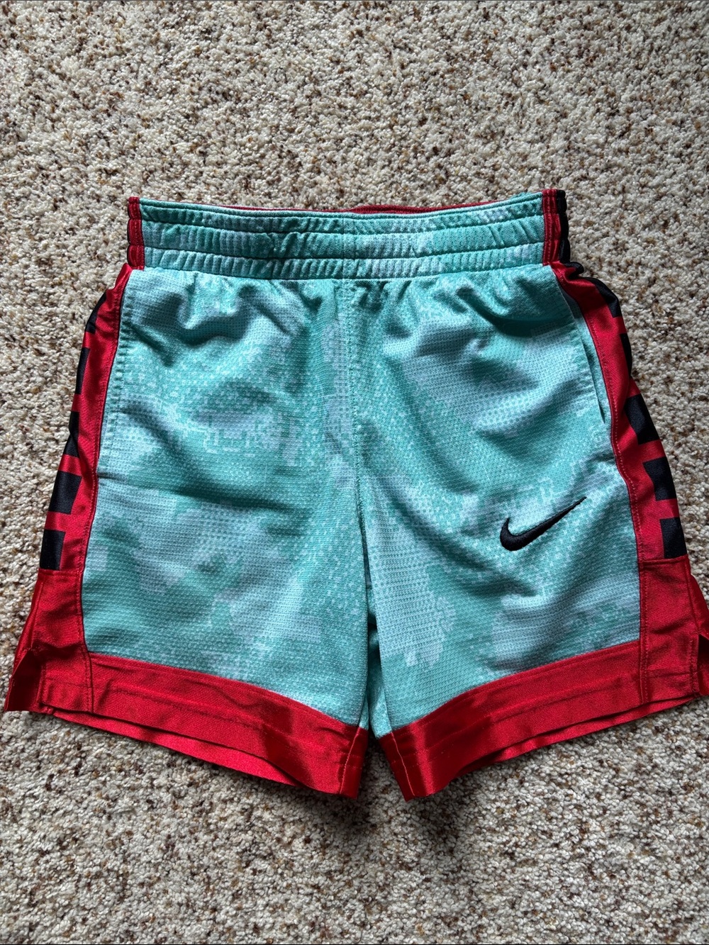 Nike Aqua and Red Boys' Athletic Shorts with Black Swoosh